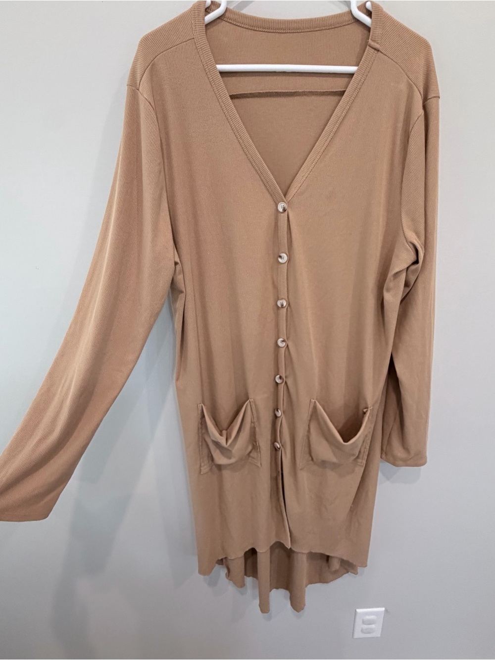 Amazon Long Button-Front Cardigan in Camel Tan